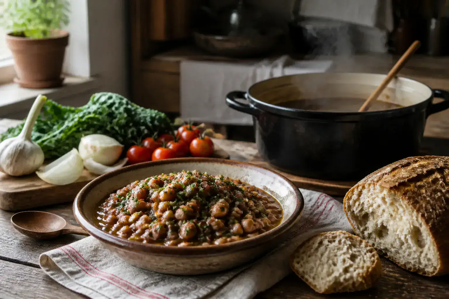 A bowl of cooked beans with herbs on a linen-covered kitchen table