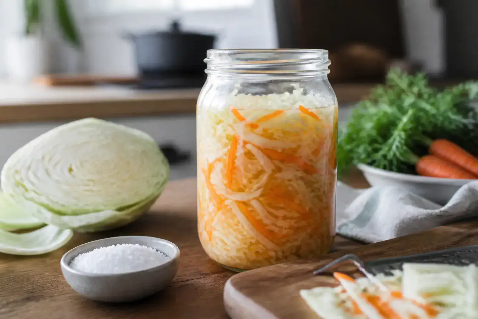 A glass jar of cultured vegetables on a wooden kitchen shelf