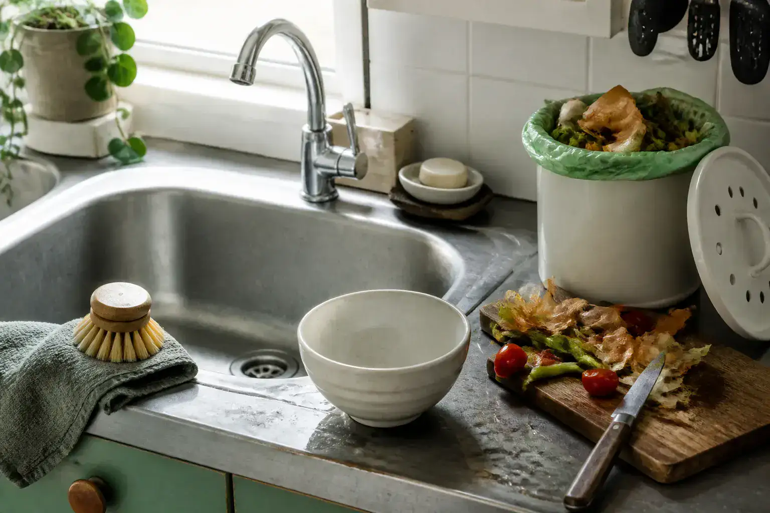 A kitchen sink with a scrub brush, reusable cloths, and vegetable peels ready for compost