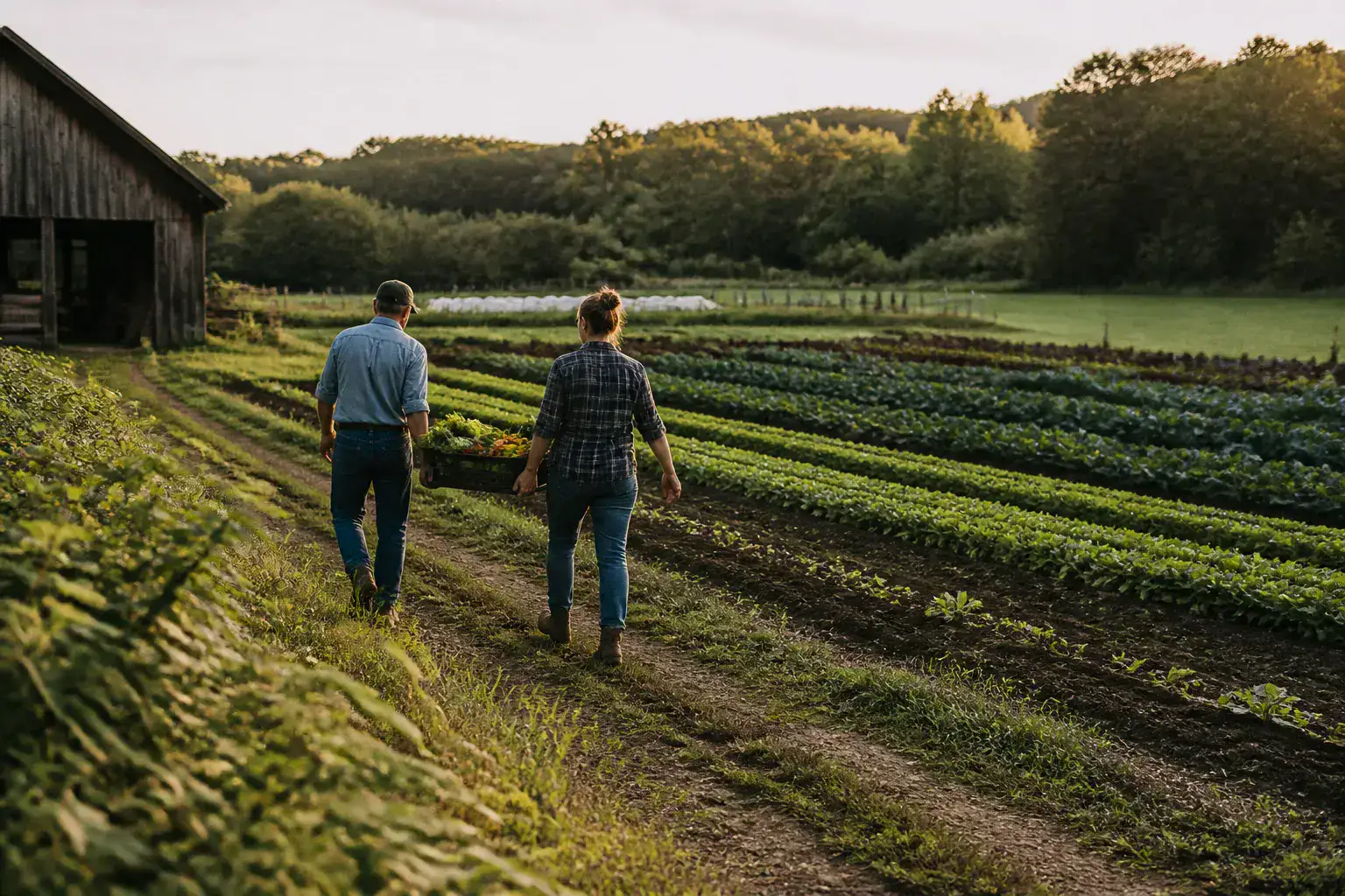 A family farmer walking between rows of vegetables at golden hour