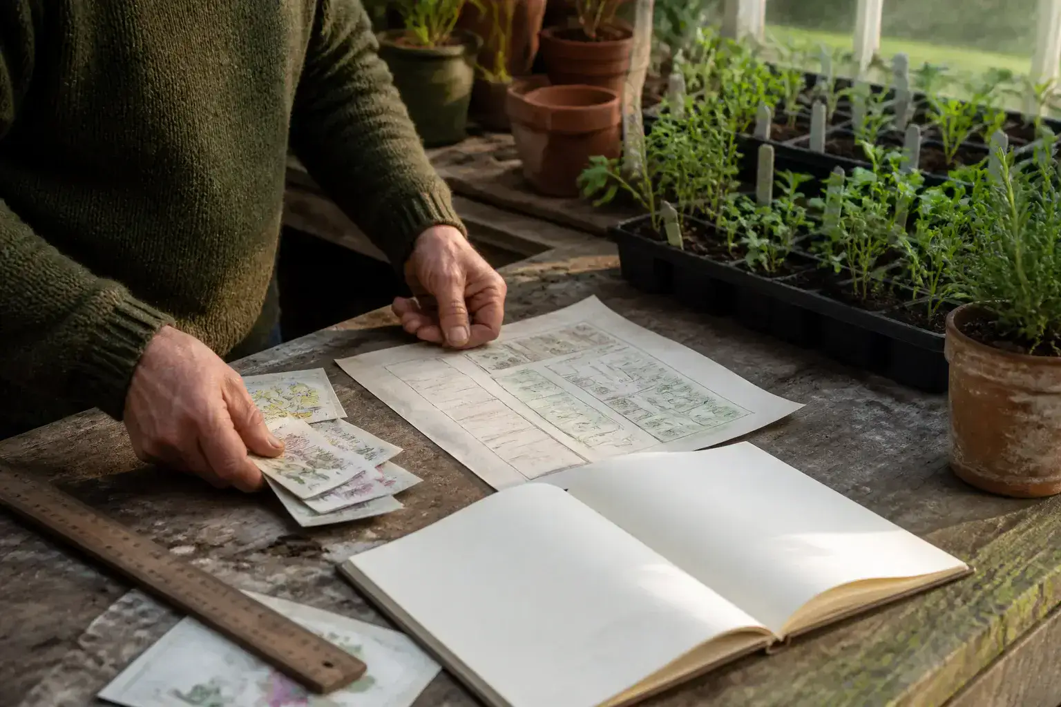 A hand-drawn garden calendar beside seed packets and a wooden ruler