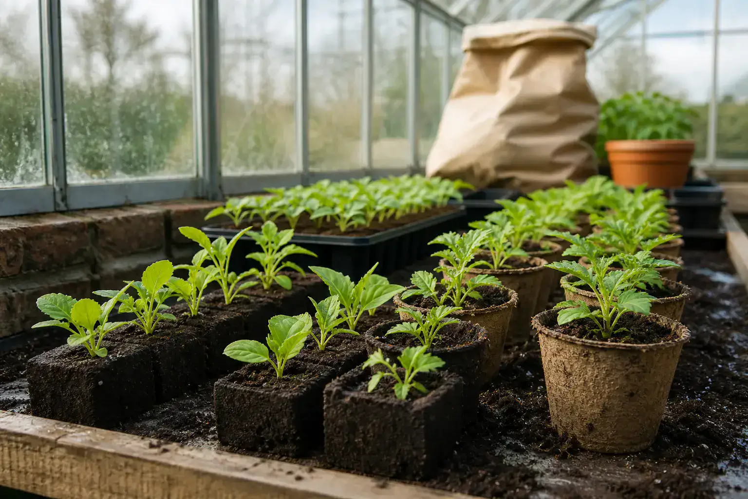 Seedlings in small soil blocks on a greenhouse bench with a peat-free potting mix