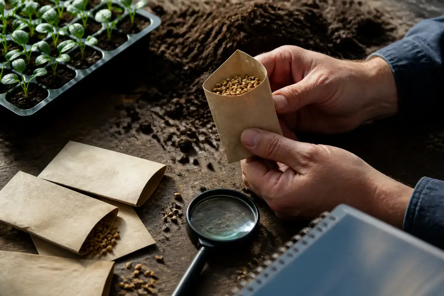Hands comparing labeled seed envelopes beside a field notebook and soil