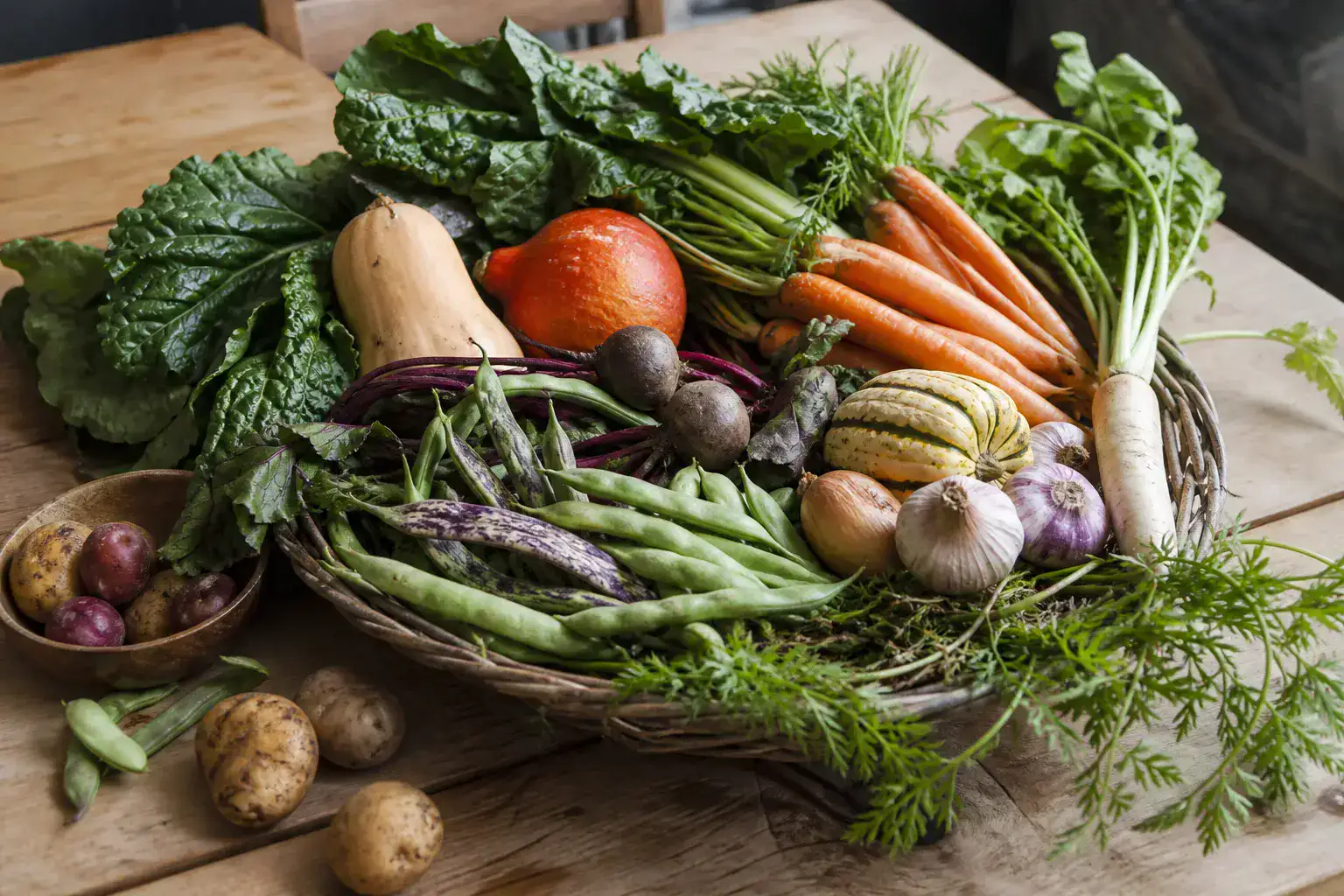 A colorful basket of seasonal vegetables arranged on a wooden table