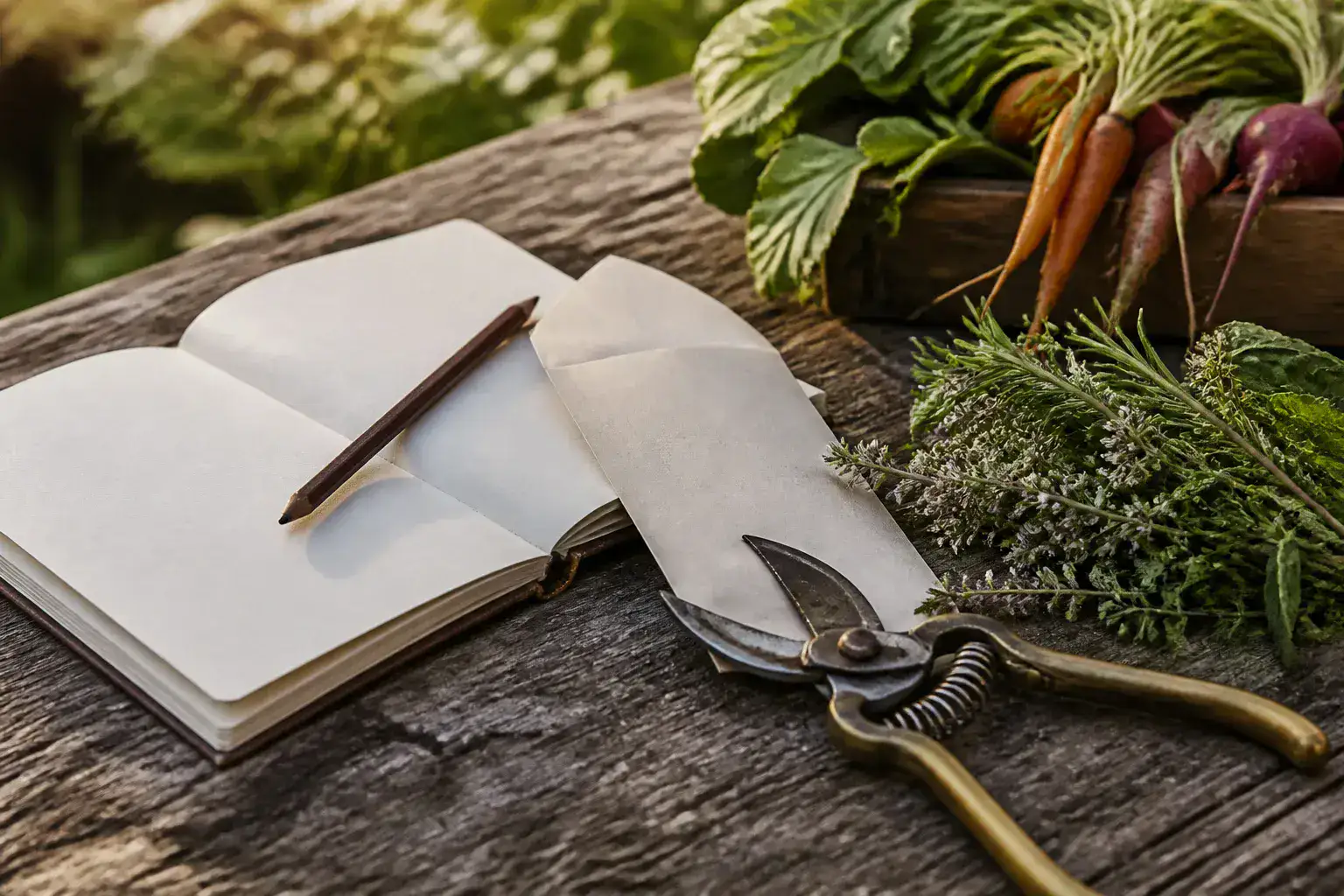 A field notebook, pruning shears, and market receipt on a wooden table