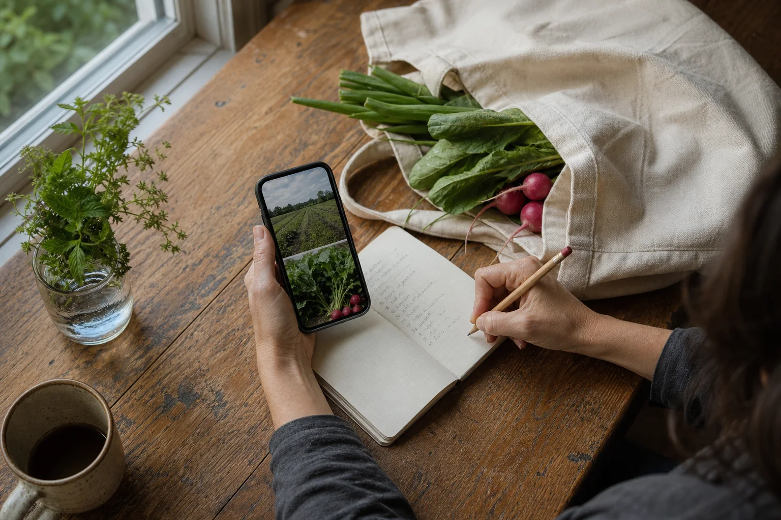 A shopper checks a current market listing on a phone while taking notes