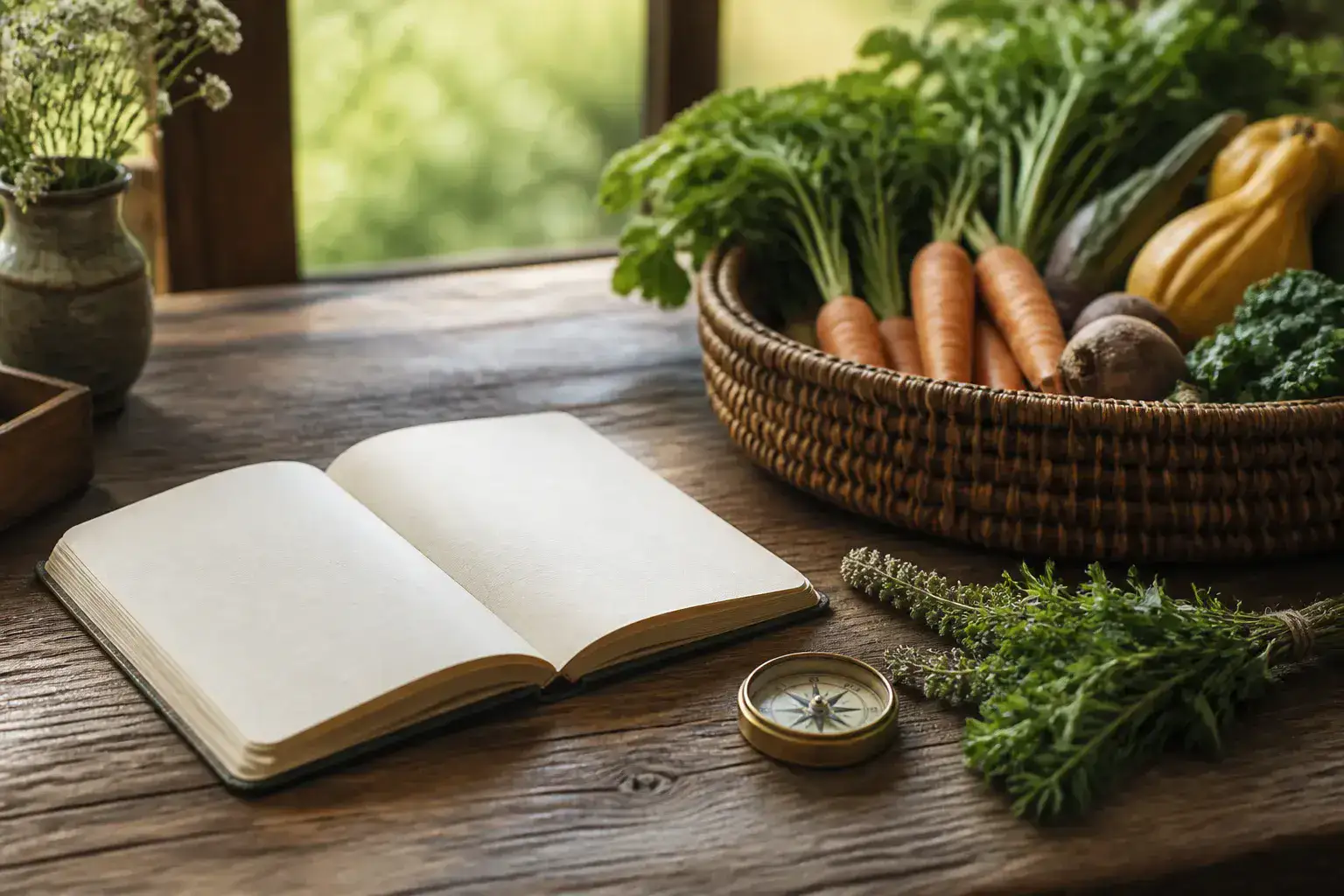 A field notebook open beside a market basket and a compass