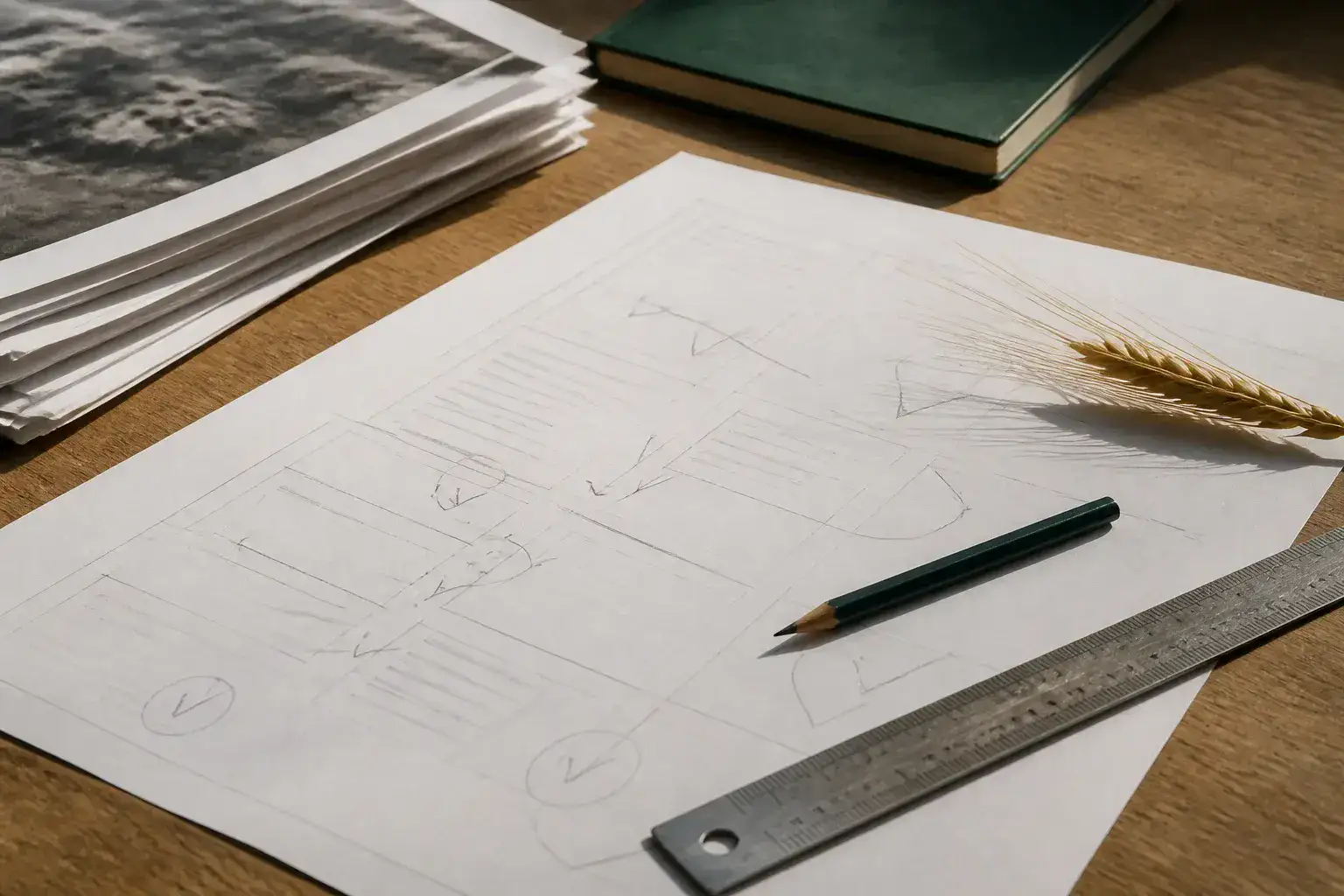 A marked-up draft with source printouts and a pencil on a desk
